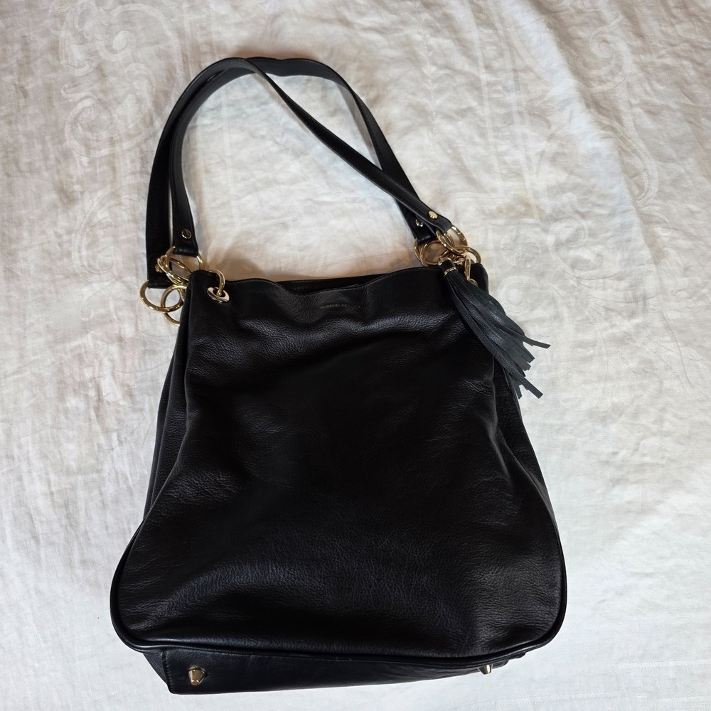 Boston Proper ‎ Black Leather Shoulder Bag Gold Chain Detail Tassel Hobo Purse